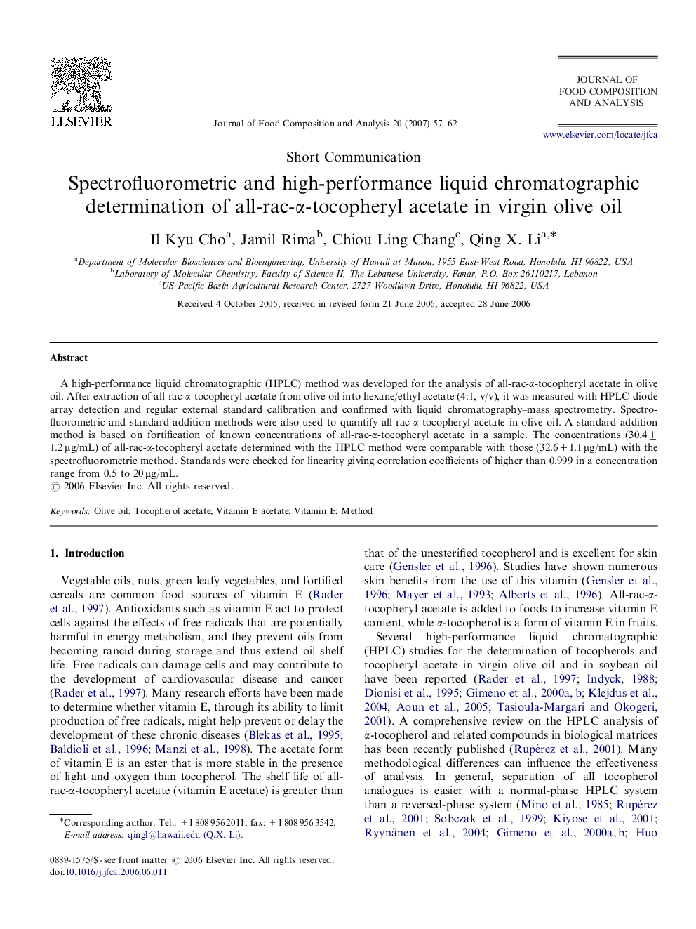 Spectrofluorometric and high-performance liquid chromatographic determination of all-rac-Î±-tocopheryl acetate in virgin olive oil