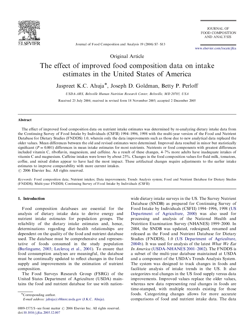 The effect of improved food composition data on intake estimates in the United States of America