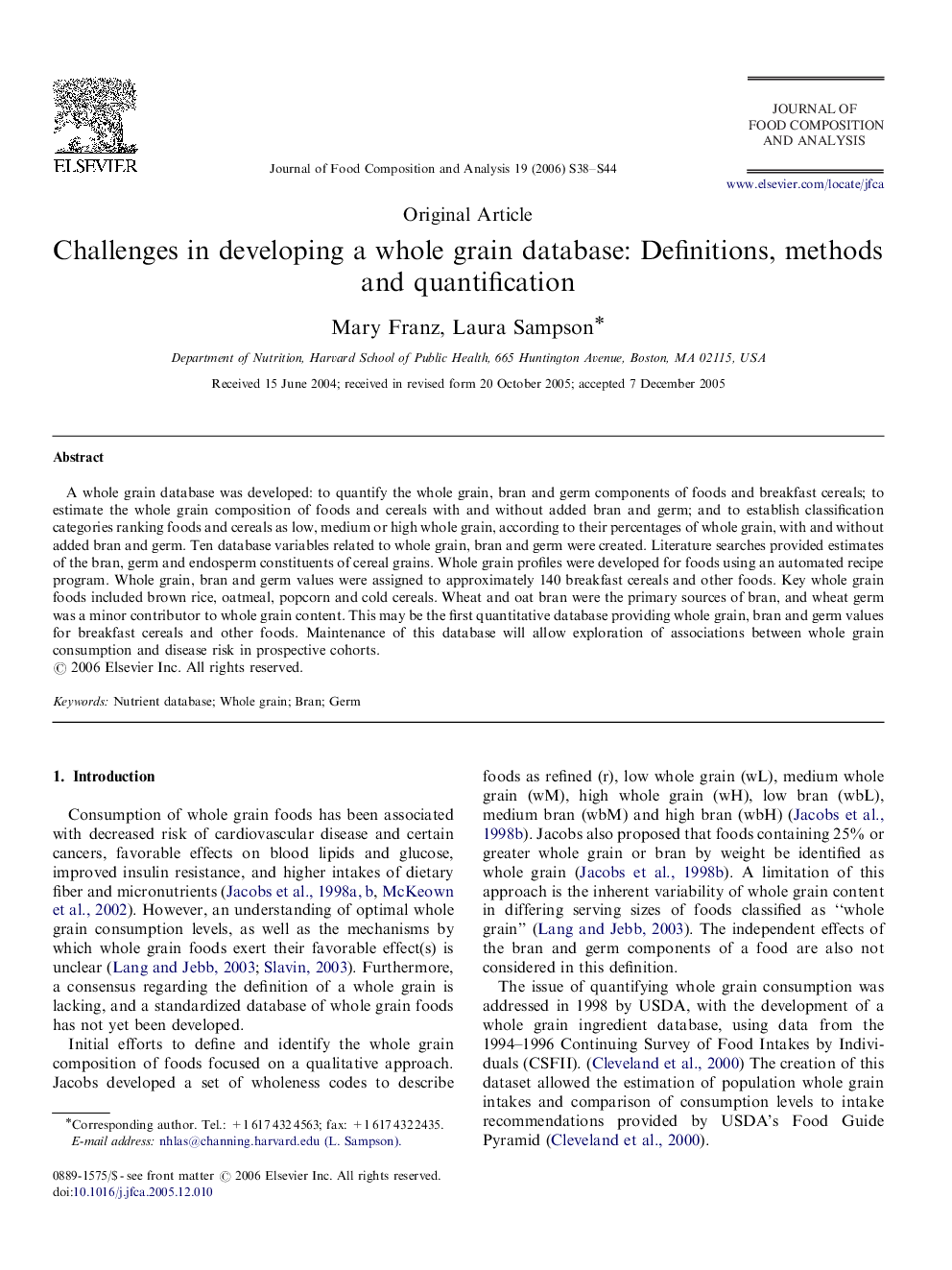 Challenges in developing a whole grain database: Definitions, methods and quantification