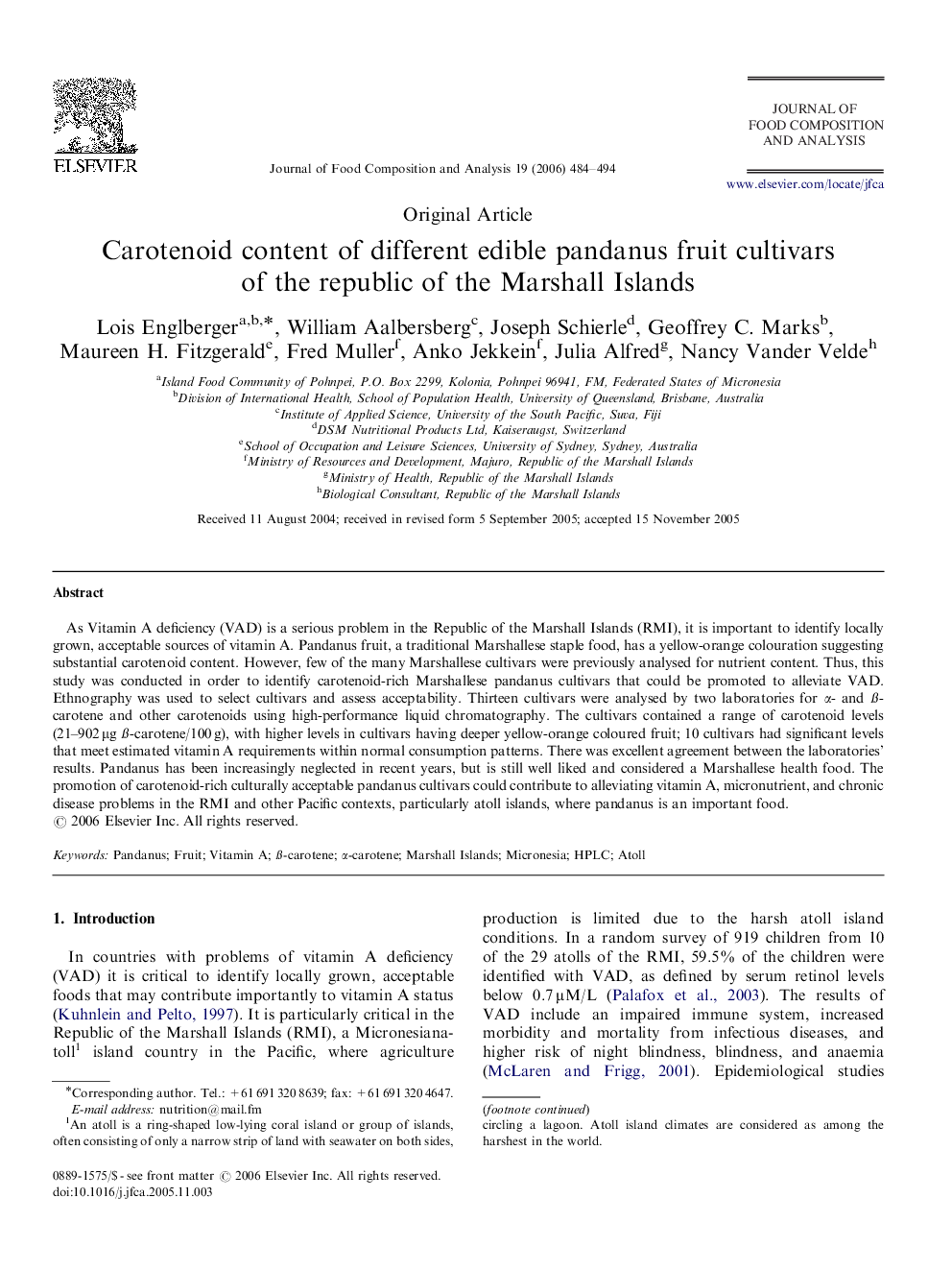 Carotenoid content of different edible pandanus fruit cultivars of the republic of the Marshall Islands