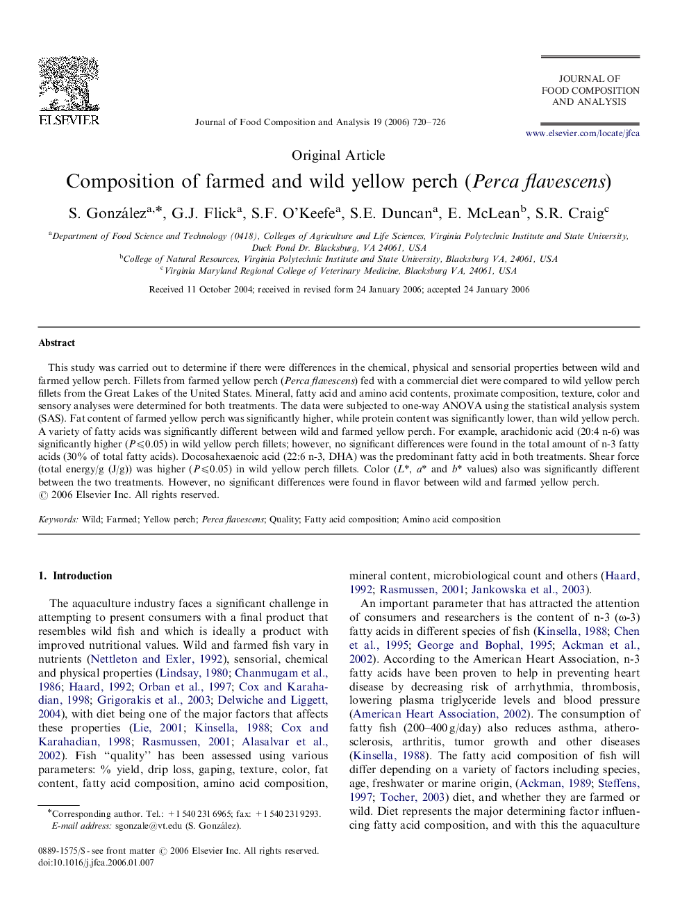 Composition of farmed and wild yellow perch (Perca flavescens)