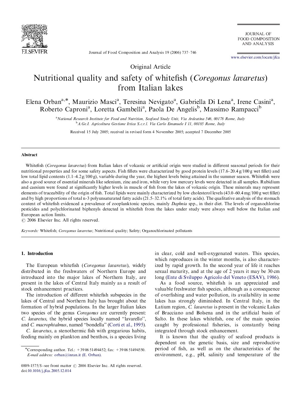 Nutritional quality and safety of whitefish (Coregonus lavaretus) from Italian lakes