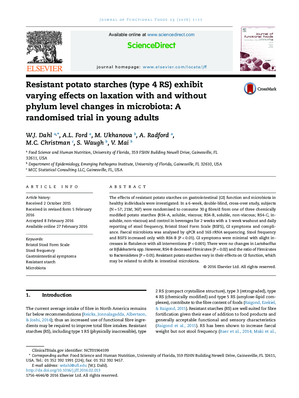 Resistant potato starches (type 4 RS) exhibit varying effects on laxation with and without phylum level changes in microbiota: A randomised trial in young adults 