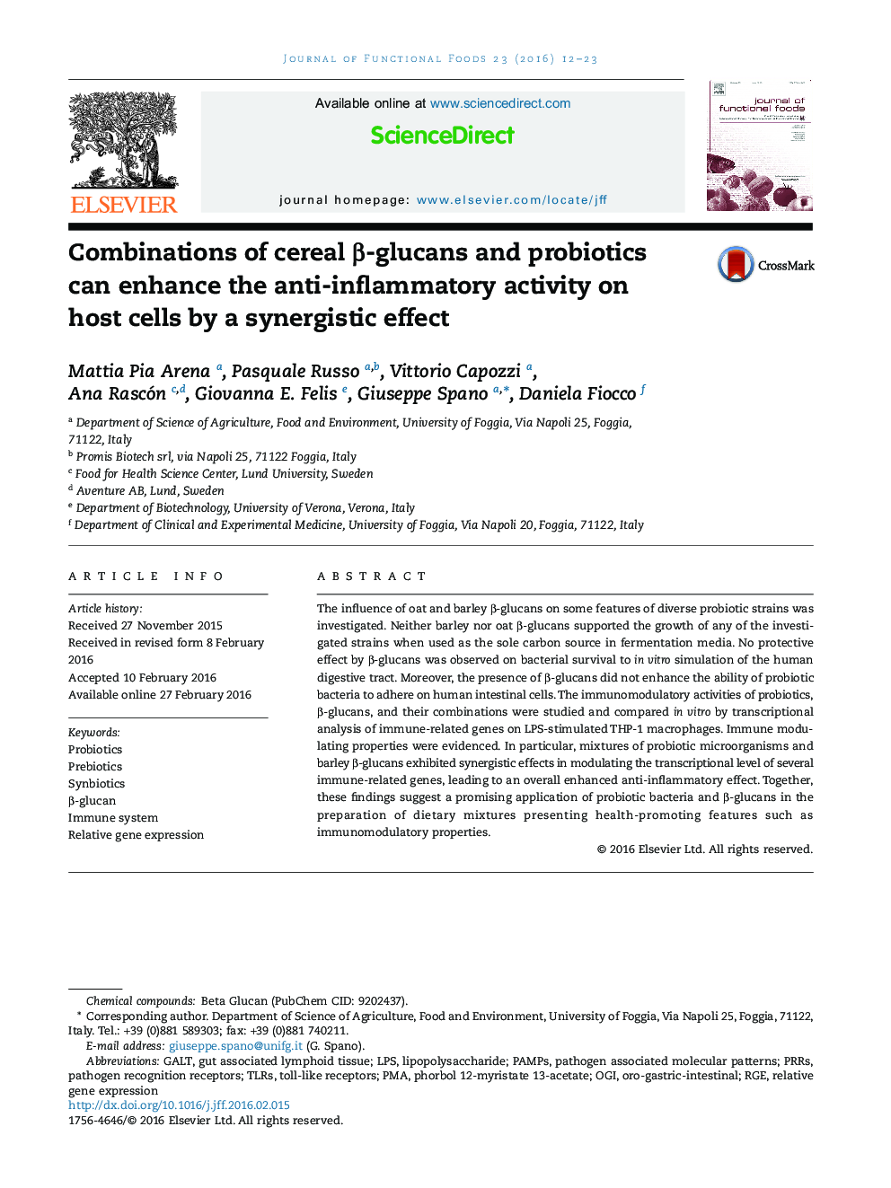 Combinations of cereal β-glucans and probiotics can enhance the anti-inflammatory activity on host cells by a synergistic effect