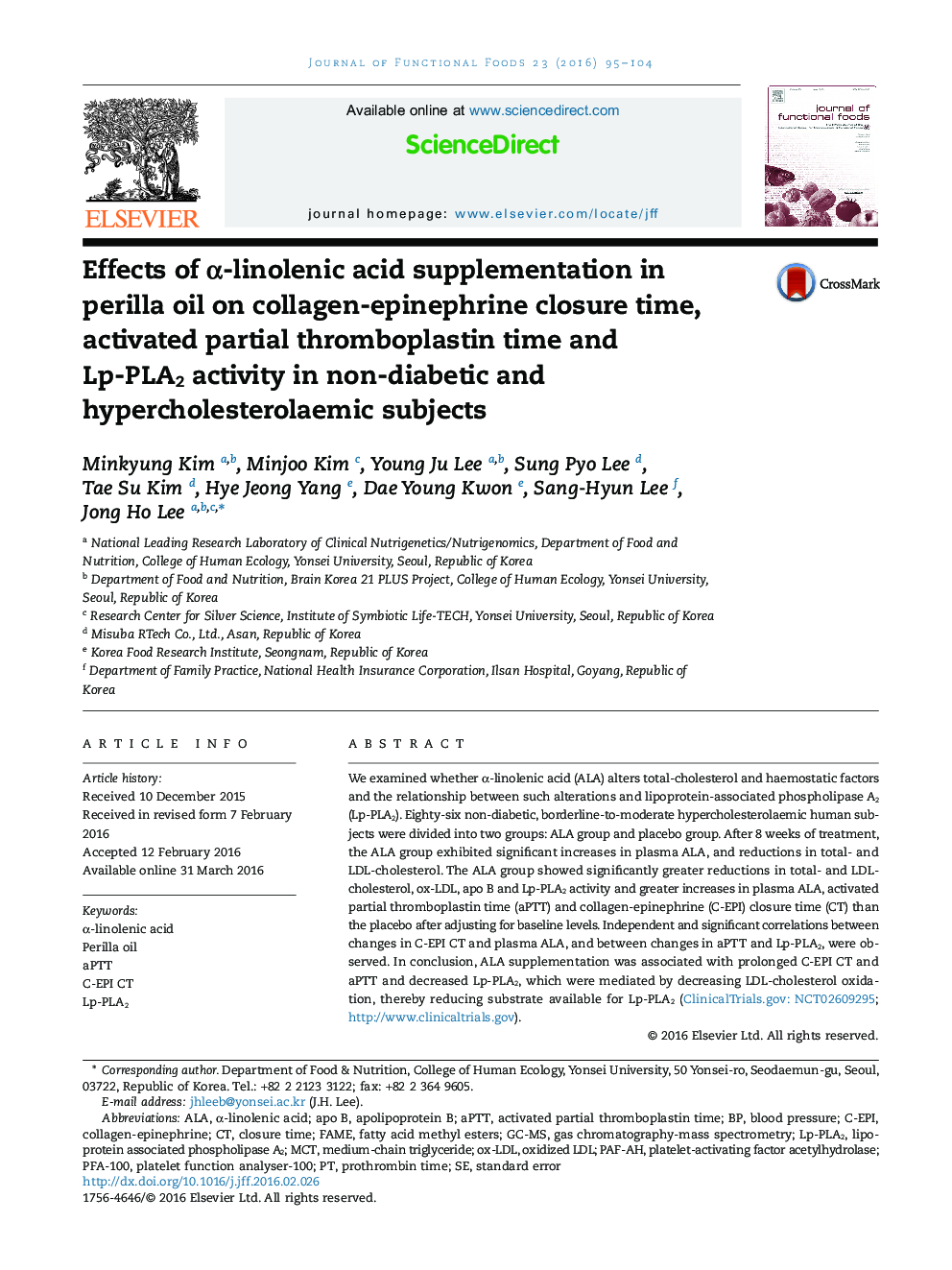 Effects of α-linolenic acid supplementation in perilla oil on collagen-epinephrine closure time, activated partial thromboplastin time and Lp-PLA2 activity in non-diabetic and hypercholesterolaemic subjects