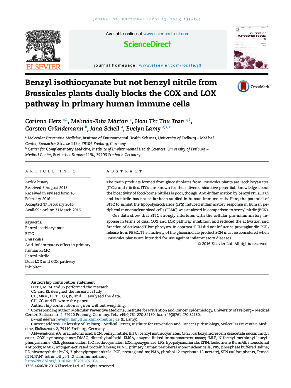 Benzyl isothiocyanate but not benzyl nitrile from Brassicales plants dually blocks the COX and LOX pathway in primary human immune cells 