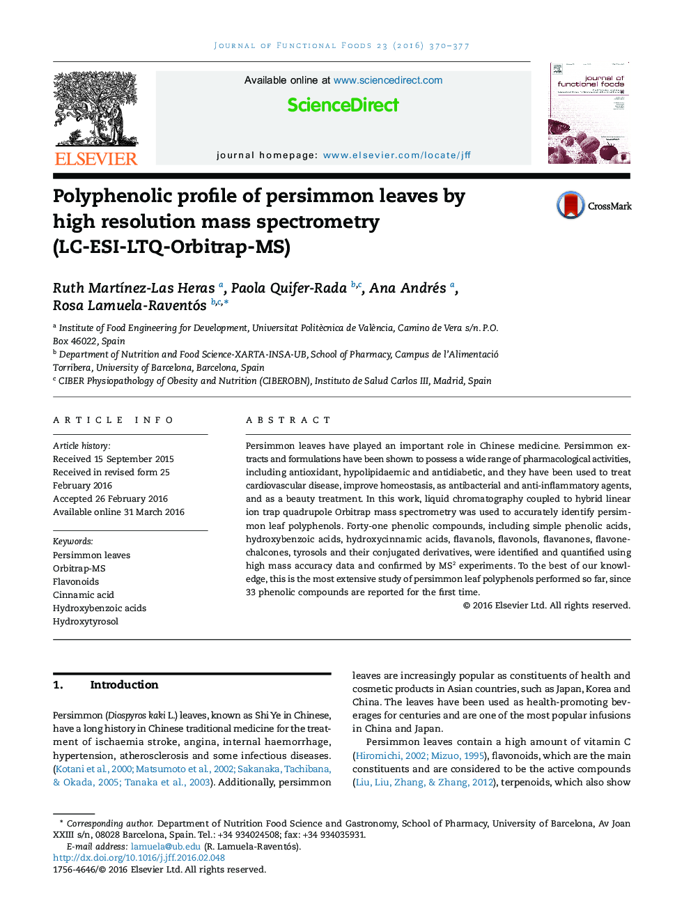 Polyphenolic profile of persimmon leaves by high resolution mass spectrometry (LC-ESI-LTQ-Orbitrap-MS)