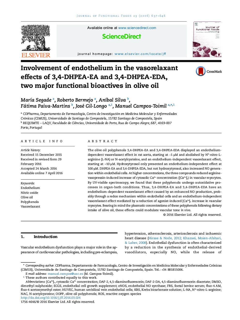 Involvement of endothelium in the vasorelaxant effects of 3,4-DHPEA-EA and 3,4-DHPEA-EDA, two major functional bioactives in olive oil