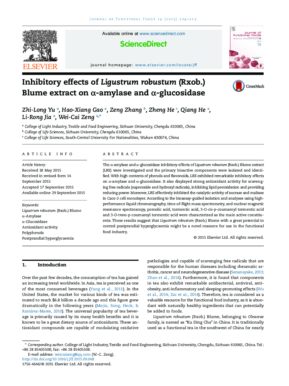 Inhibitory effects of Ligustrum robustum (Rxob.) Blume extract on α-amylase and α-glucosidase