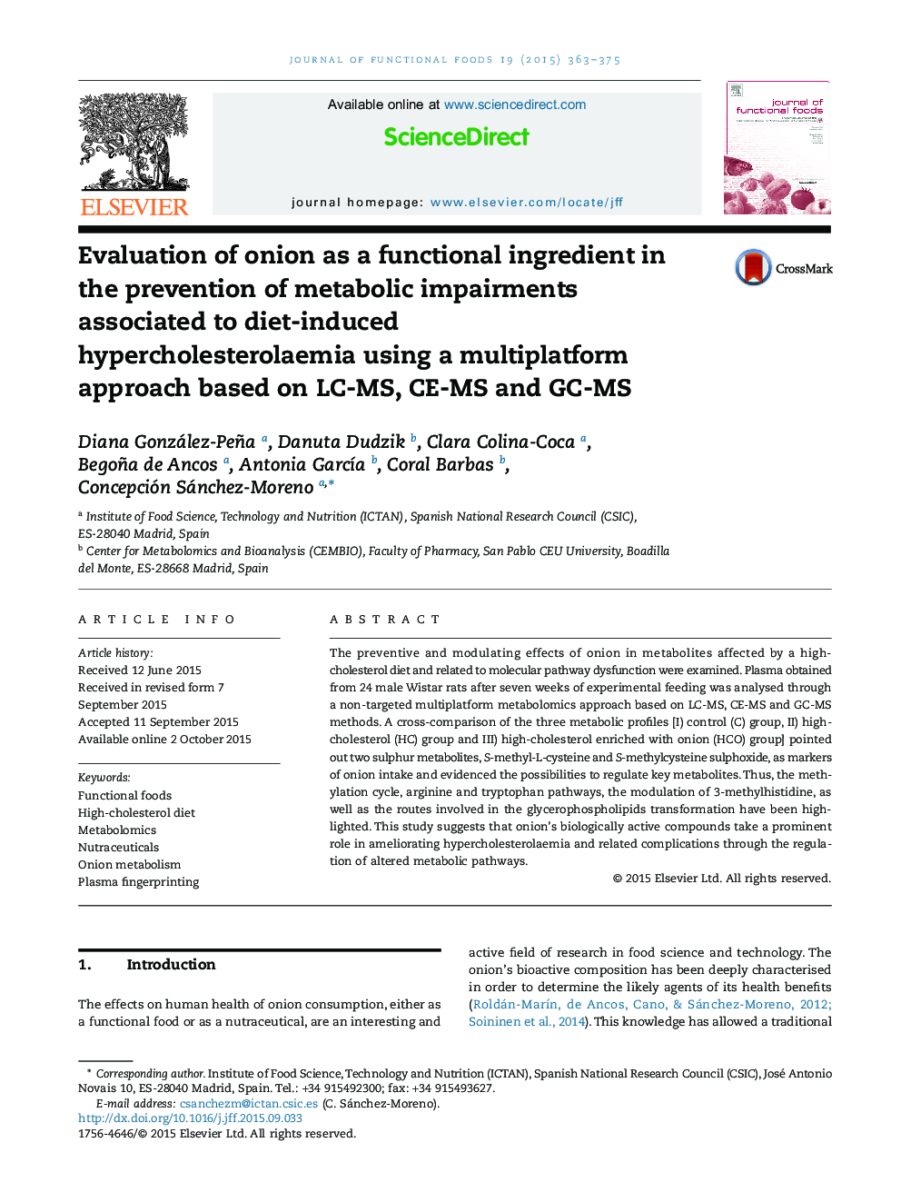 Evaluation of onion as a functional ingredient in the prevention of metabolic impairments associated to diet-induced hypercholesterolaemia using a multiplatform approach based on LC-MS, CE-MS and GC-MS