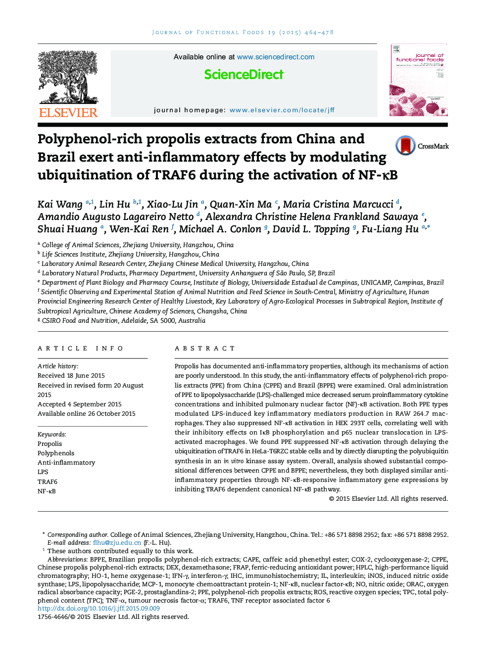 Polyphenol-rich propolis extracts from China and Brazil exert anti-inflammatory effects by modulating ubiquitination of TRAF6 during the activation of NF-κB