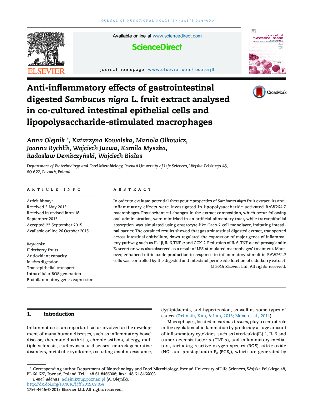 Anti-inflammatory effects of gastrointestinal digested Sambucus nigra L. fruit extract analysed in co-cultured intestinal epithelial cells and lipopolysaccharide-stimulated macrophages