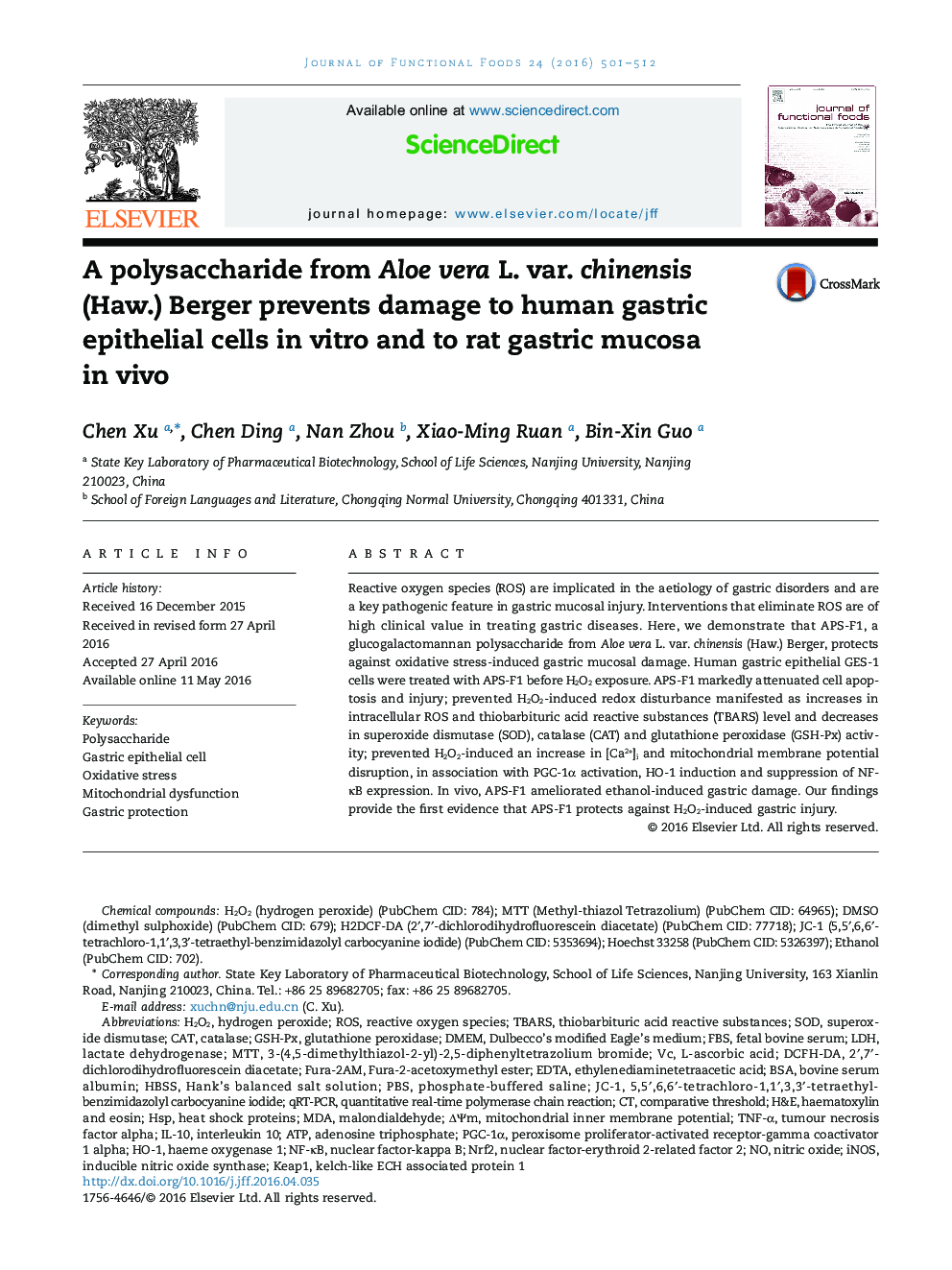 A polysaccharide from Aloe vera L. var. chinensis (Haw.) Berger prevents damage to human gastric epithelial cells in vitro and to rat gastric mucosa in vivo