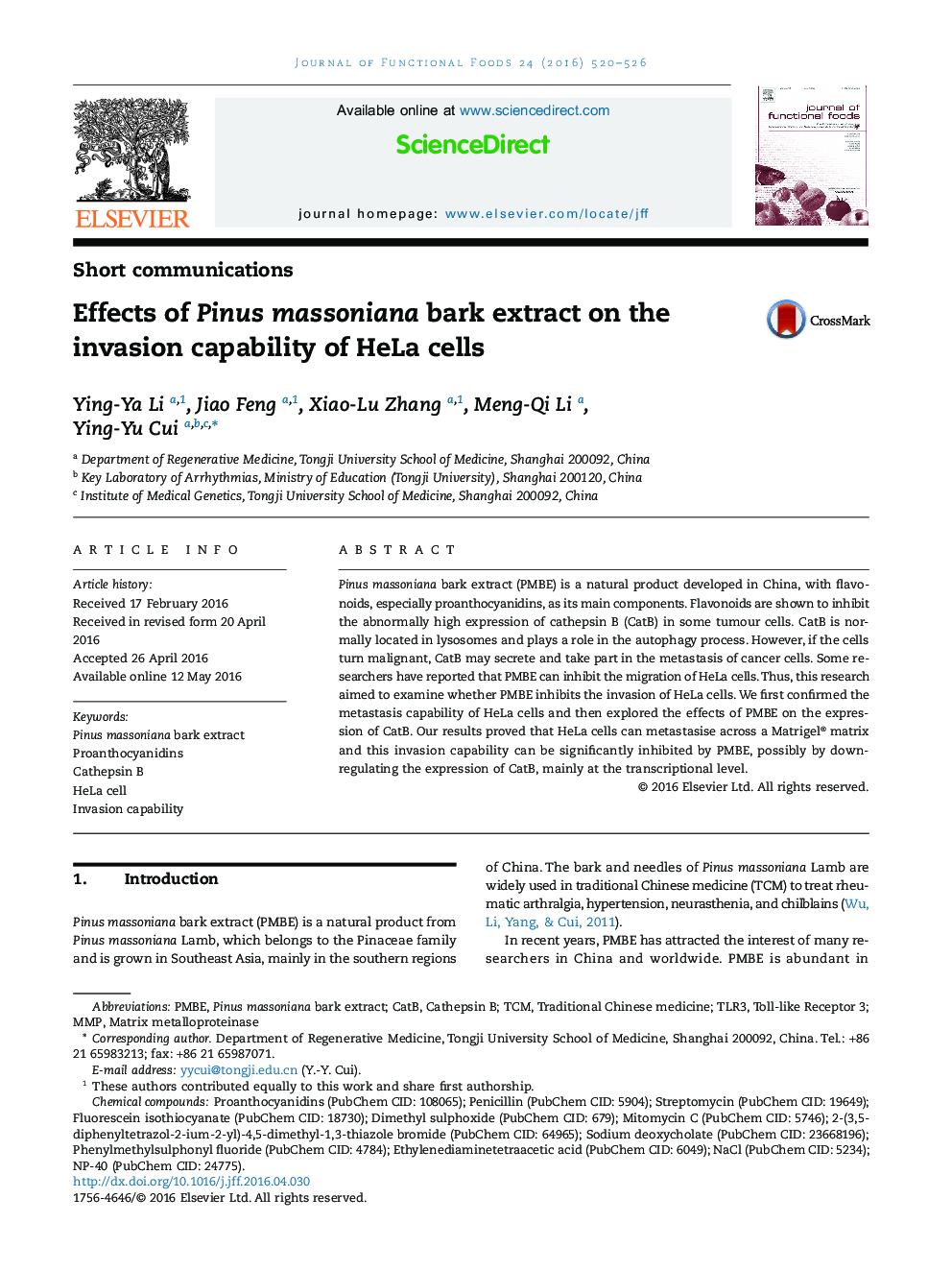 Effects of Pinus massoniana bark extract on the invasion capability of HeLa cells