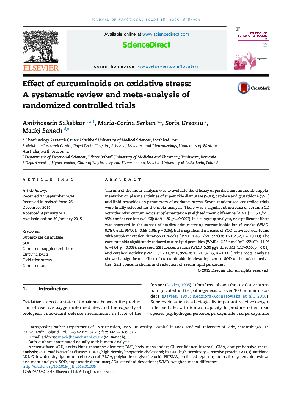 اثر کورکومینیوئید ها بر استرس اکسیداتیو: یک بررسی سیستماتیک و متاآنالیز آزمایشات تصادفی کنترل شده 