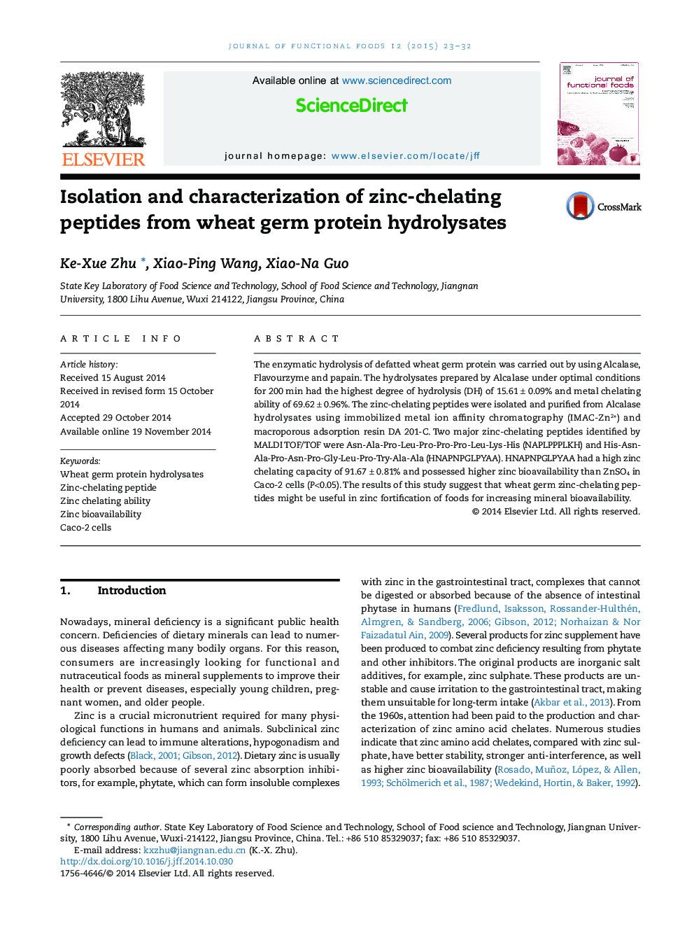جداسازی و بررسی پپتید های روی کراتین از هیدرولیز پروتئین گندم 