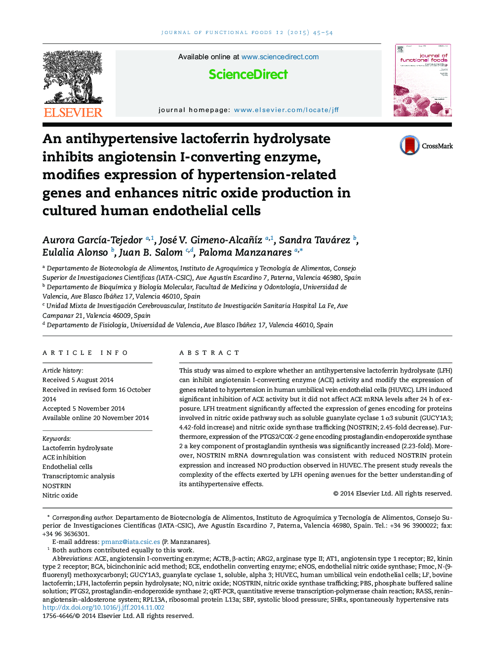 An antihypertensive lactoferrin hydrolysate inhibits angiotensin I-converting enzyme, modifies expression of hypertension-related genes and enhances nitric oxide production in cultured human endothelial cells