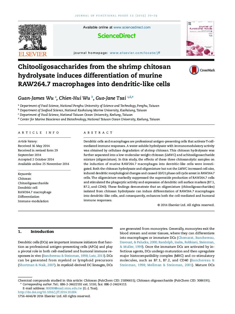 Chitooligosaccharides from the shrimp chitosan hydrolysate induces differentiation of murine RAW264.7 macrophages into dendritic-like cells 