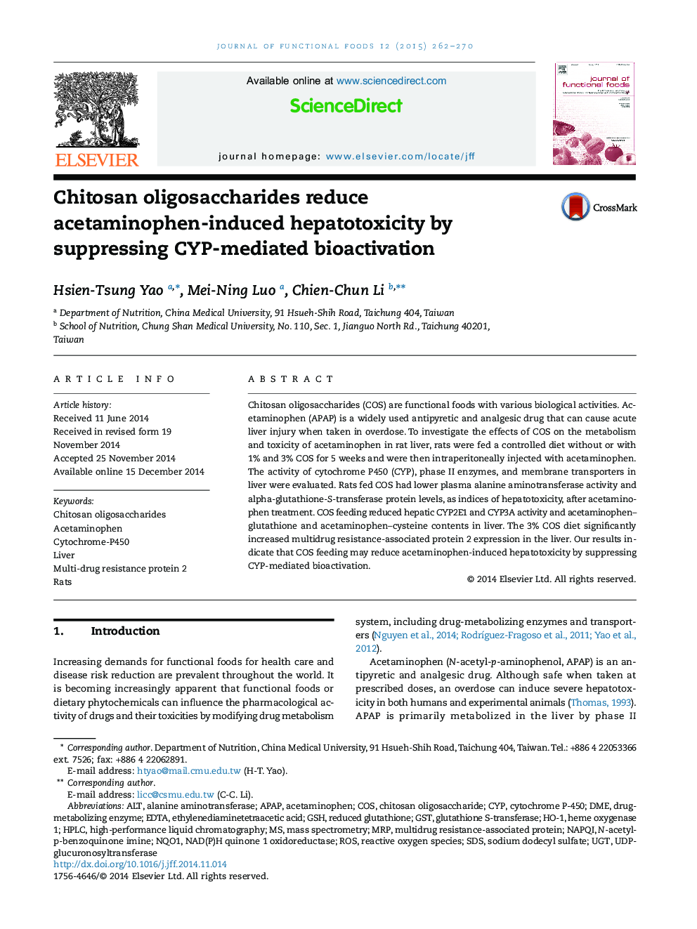 Chitosan oligosaccharides reduce acetaminophen-induced hepatotoxicity by suppressing CYP-mediated bioactivation