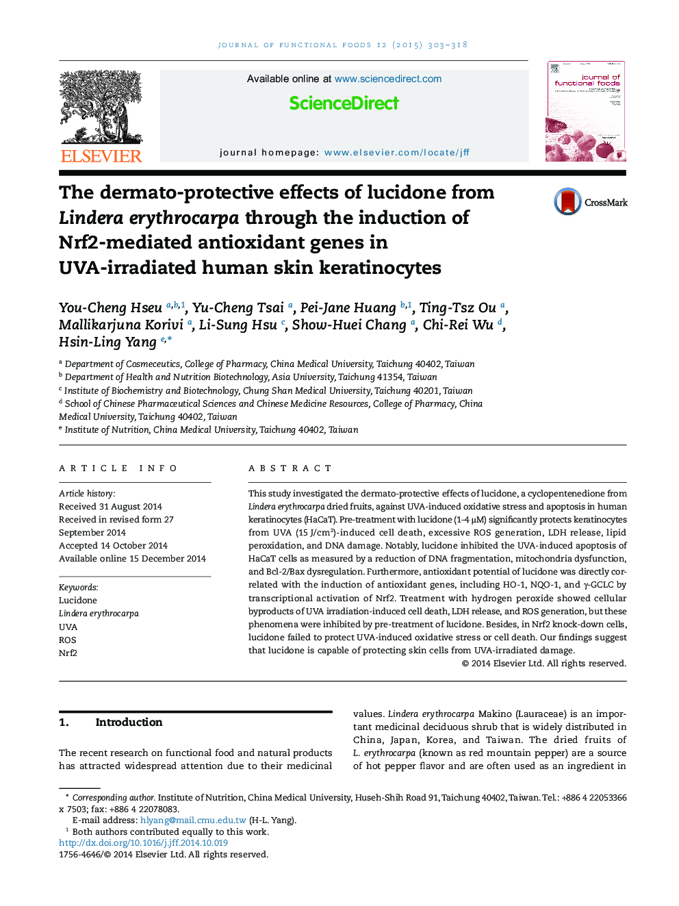 The dermato-protective effects of lucidone from Lindera erythrocarpa through the induction of Nrf2-mediated antioxidant genes in UVA-irradiated human skin keratinocytes