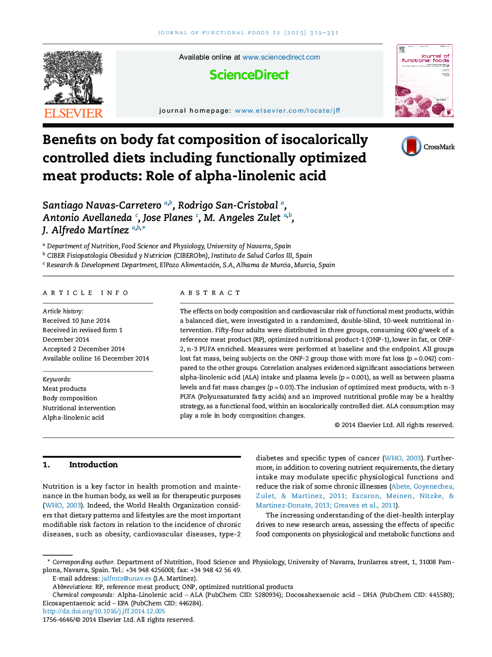 مزایای استفاده از ترکیبات چربی بدن از رژیم های کنترل شده از جمله مواد غذایی شامل محصولات گوشتی بهینه سازی شده عملکرد: نقش اسید آلفا لینولنیک 