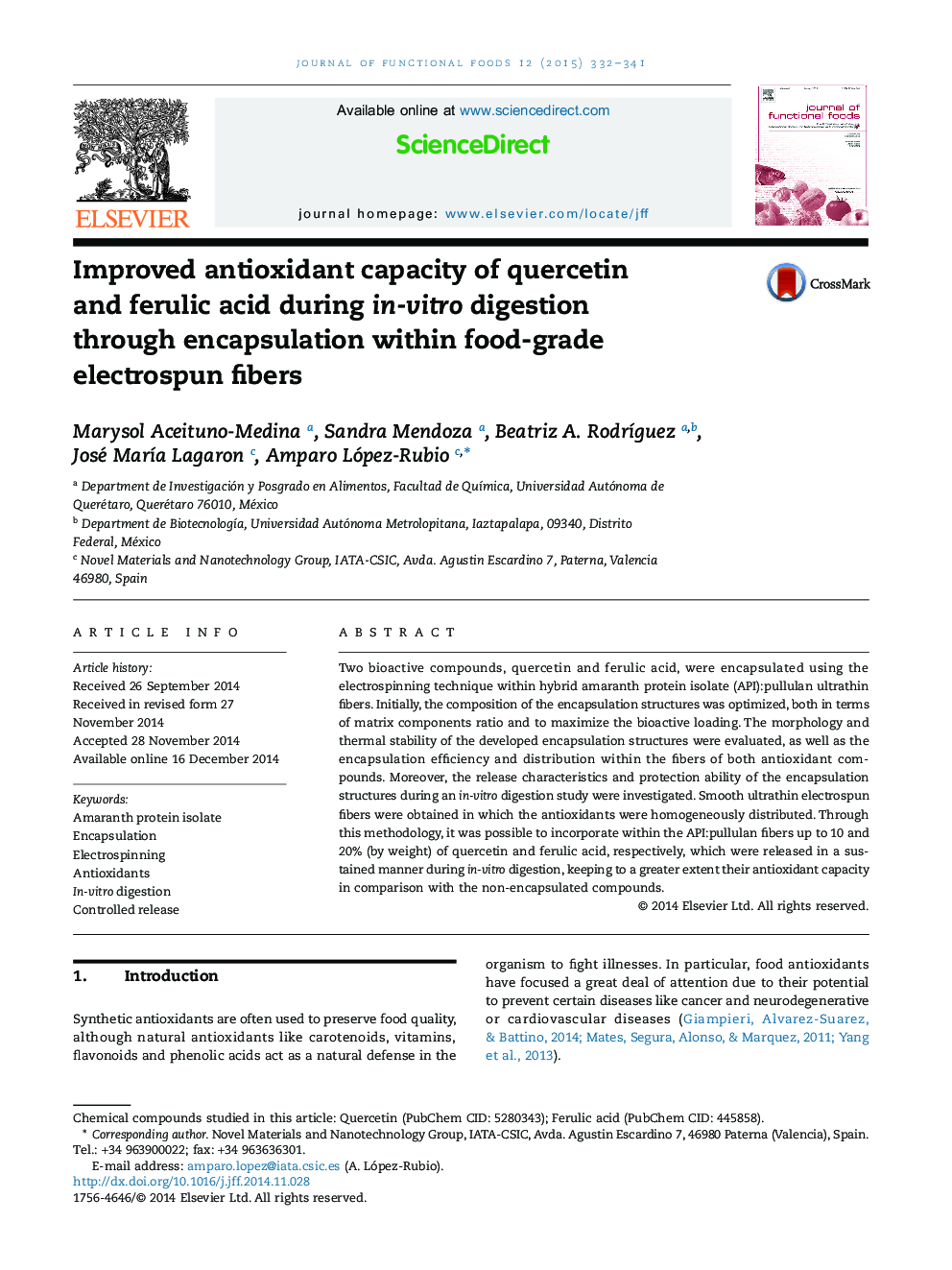 Improved antioxidant capacity of quercetin and ferulic acid during in-vitro digestion through encapsulation within food-grade electrospun fibers 