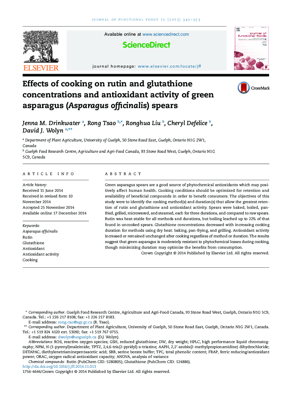 Effects of cooking on rutin and glutathione concentrations and antioxidant activity of green asparagus (Asparagus officinalis) spears