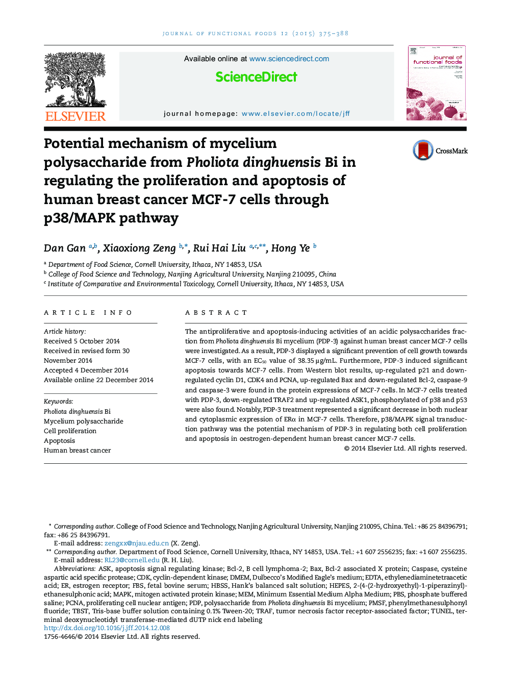 Potential mechanism of mycelium polysaccharide from Pholiota dinghuensis Bi in regulating the proliferation and apoptosis of human breast cancer MCF-7 cells through p38/MAPK pathway