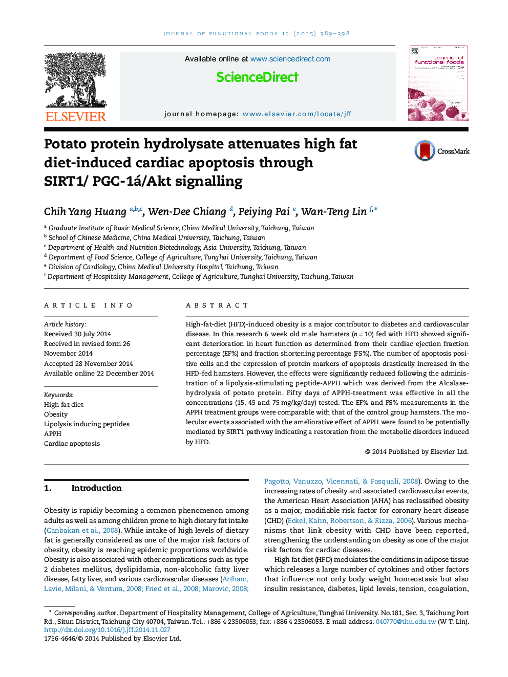 Potato protein hydrolysate attenuates high fat diet-induced cardiac apoptosis through SIRT1/ PGC-1á/Akt signalling