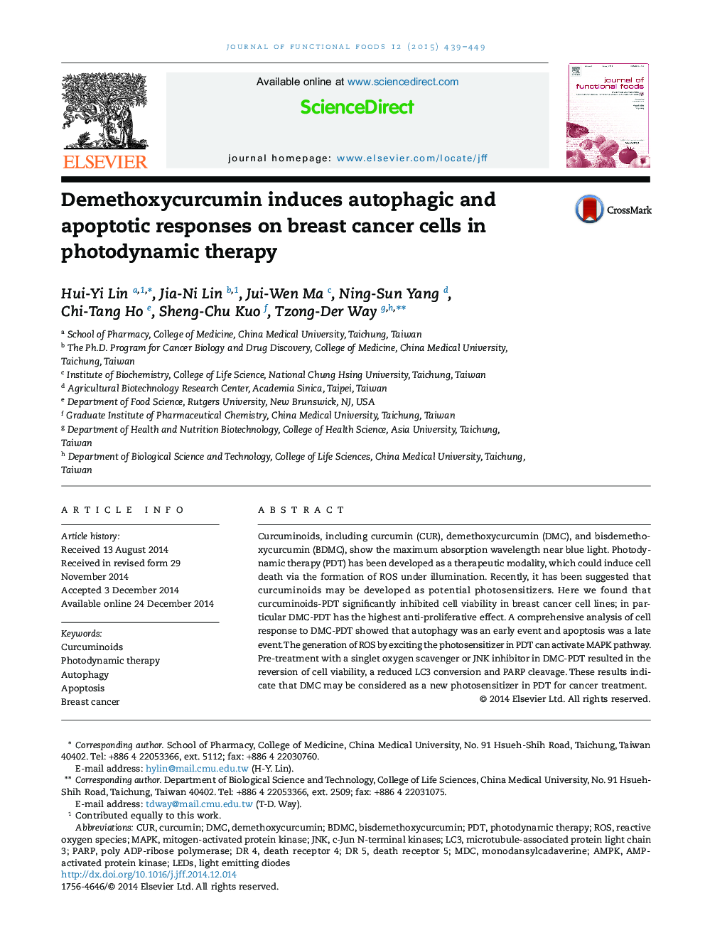 Demethoxycurcumin induces autophagic and apoptotic responses on breast cancer cells in photodynamic therapy
