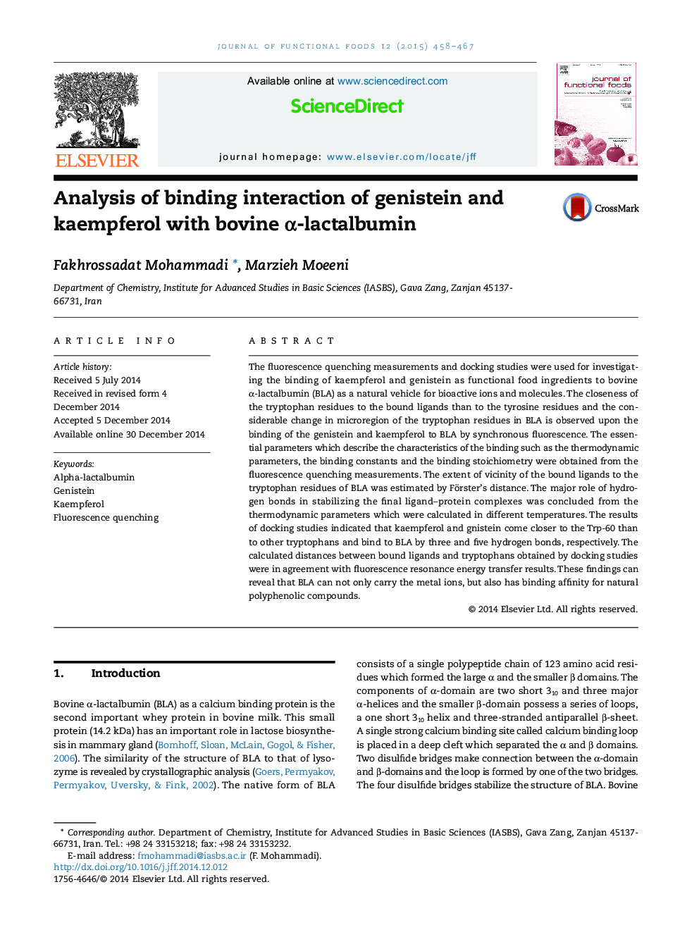 Analysis of binding interaction of genistein and kaempferol with bovine α-lactalbumin