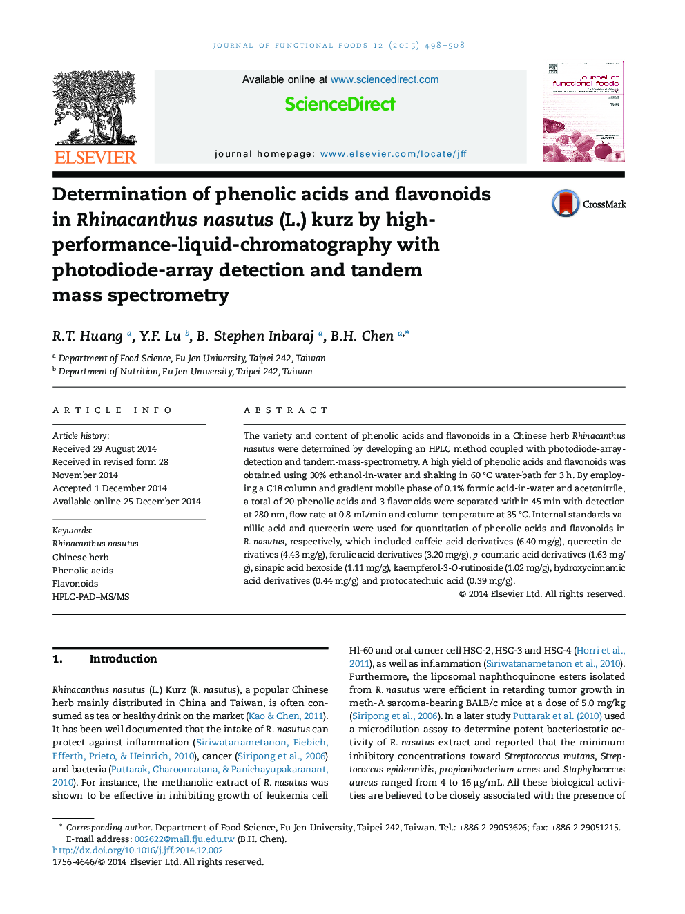 Determination of phenolic acids and flavonoids in Rhinacanthus nasutus (L.) kurz by high-performance-liquid-chromatography with photodiode-array detection and tandem mass spectrometry