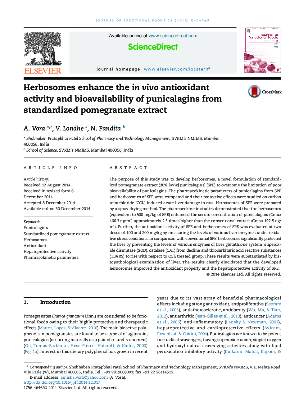 Herbosomes enhance the in vivo antioxidant activity and bioavailability of punicalagins from standardized pomegranate extract