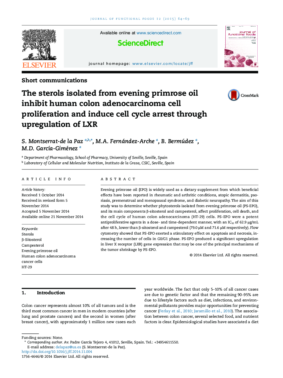 The sterols isolated from evening primrose oil inhibit human colon adenocarcinoma cell proliferation and induce cell cycle arrest through upregulation of LXR 