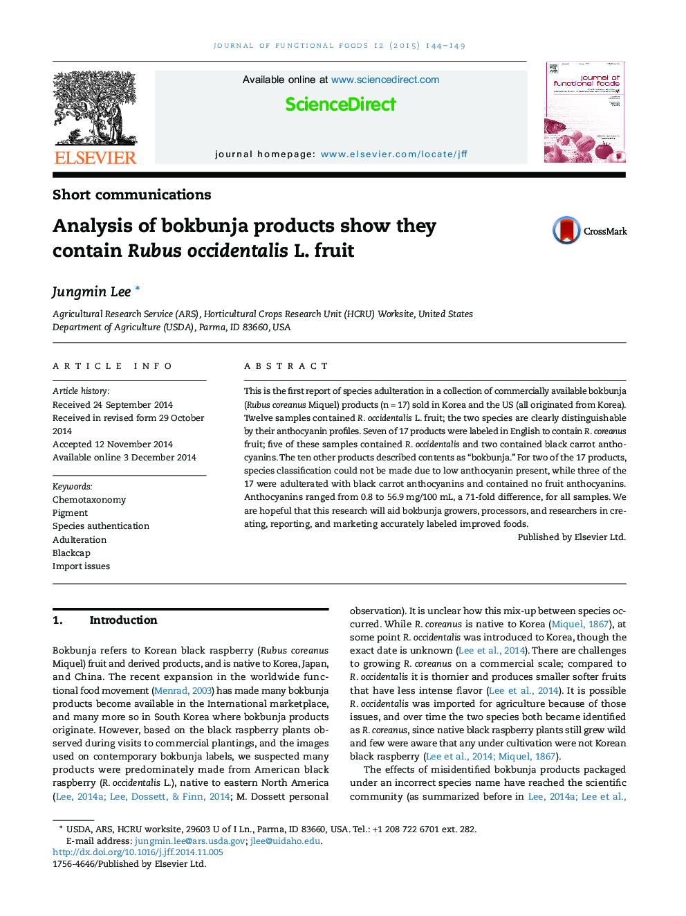 Analysis of bokbunja products show they contain Rubus occidentalis L. fruit