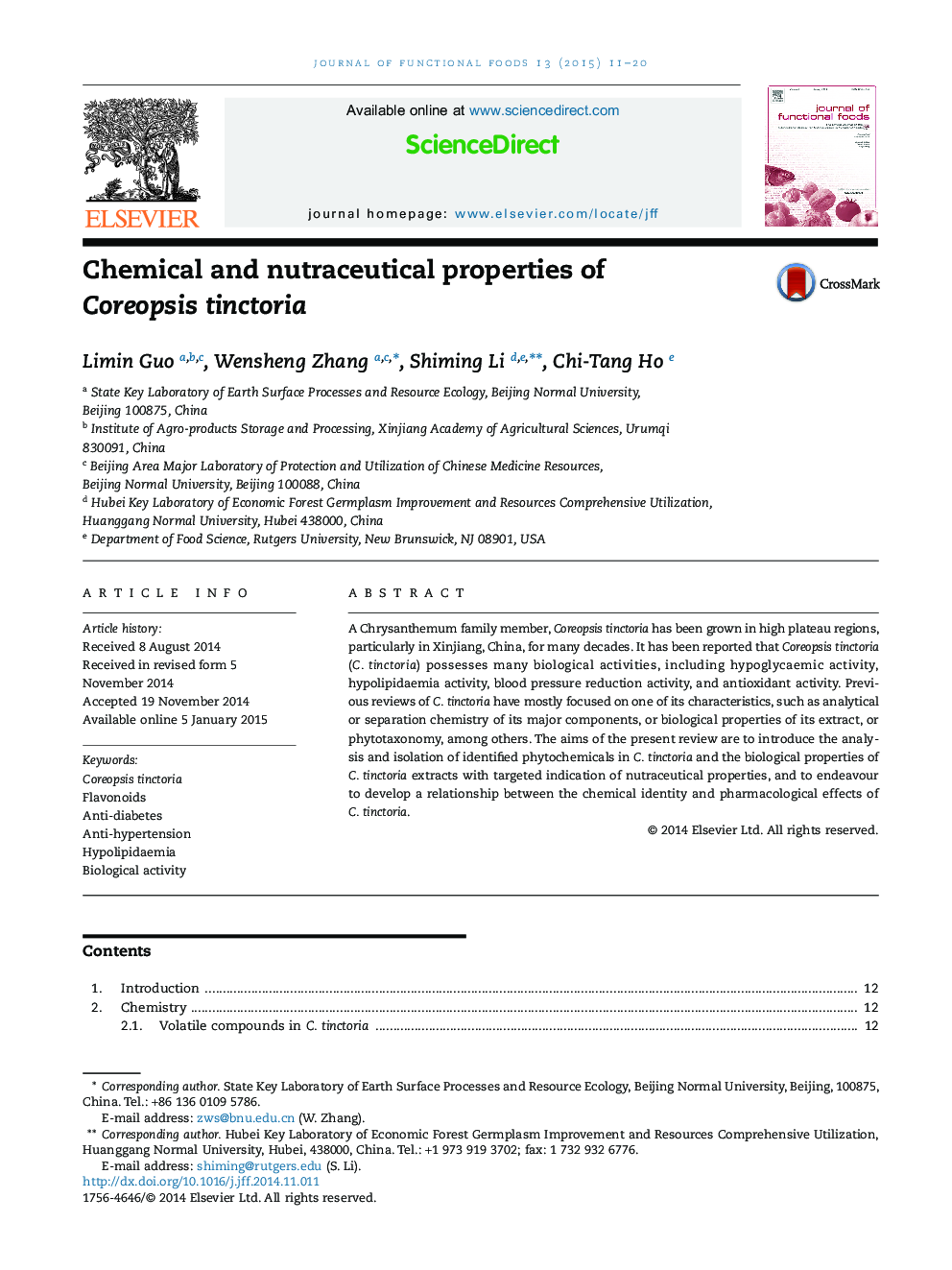 Chemical and nutraceutical properties of Coreopsis tinctoria