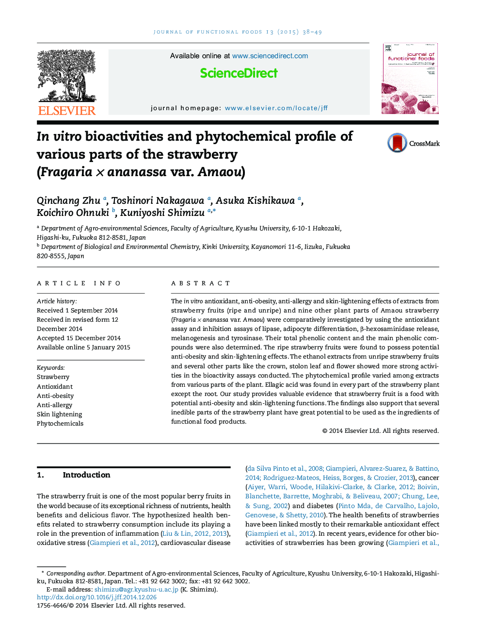 In vitro bioactivities and phytochemical profile of various parts of the strawberry (Fragaria × ananassa var. Amaou)