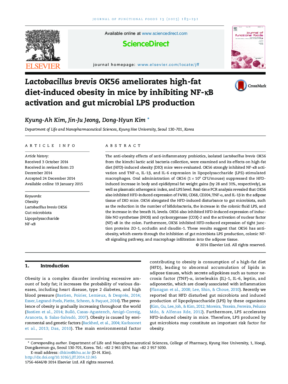 Lactobacillus brevis OK56 ameliorates high-fat diet-induced obesity in mice by inhibiting NF-κB activation and gut microbial LPS production