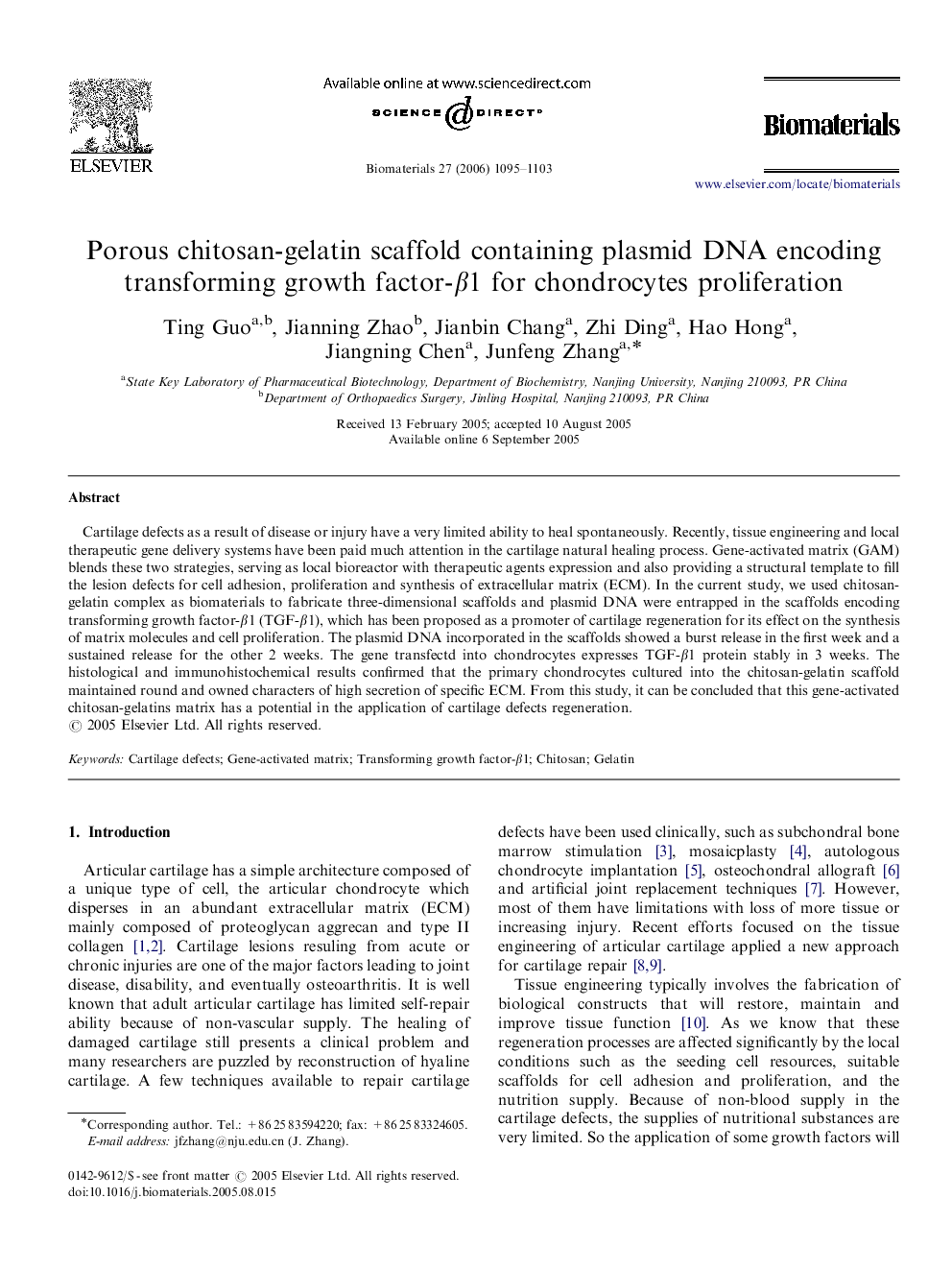 Porous chitosan-gelatin scaffold containing plasmid DNA encoding transforming growth factor-β1 for chondrocytes proliferation