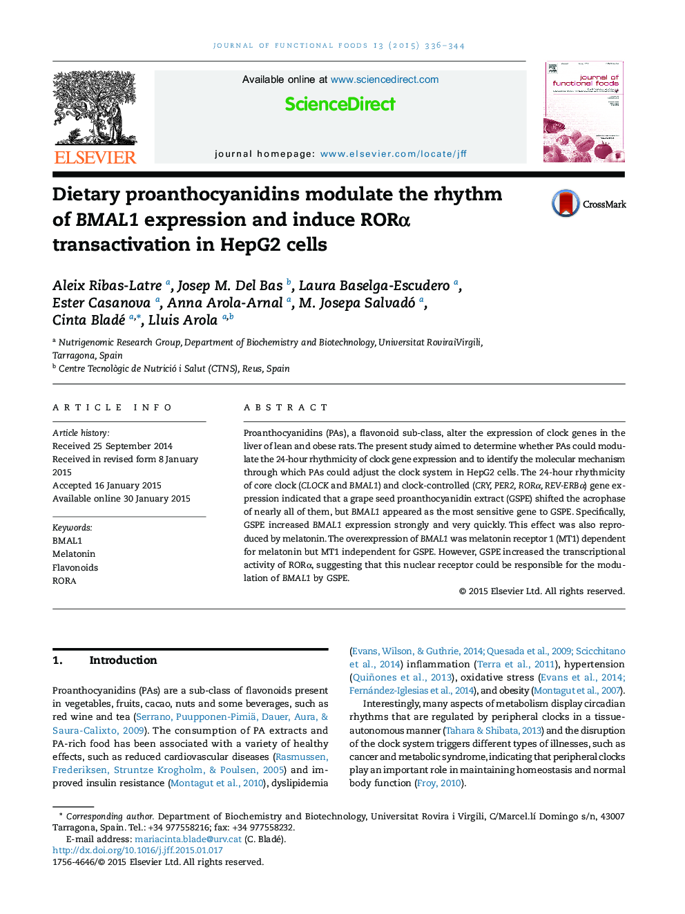 Dietary proanthocyanidins modulate the rhythm of BMAL1 expression and induce RORα transactivation in HepG2 cells