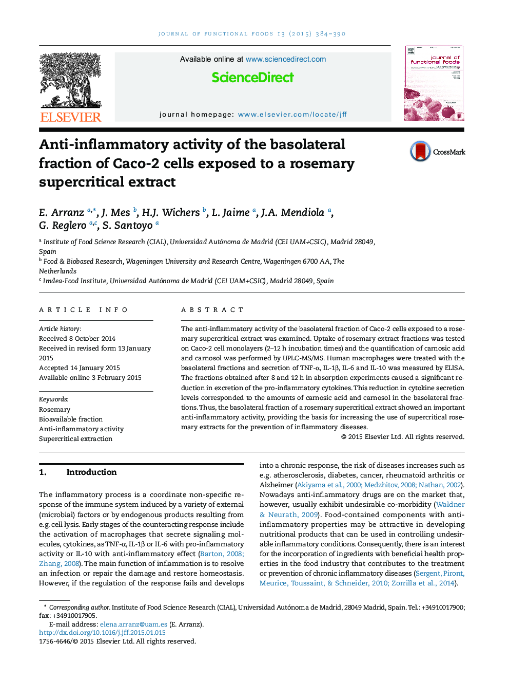 عکس صفحه اول مقاله: Anti-inflammatory activity of the basolateral fraction of Caco-2 cells exposed to a rosemary supercritical extract Anti-inflammatory activity of the basolateral fraction of Caco-2 cells exposed to a rosemary supercritical extract