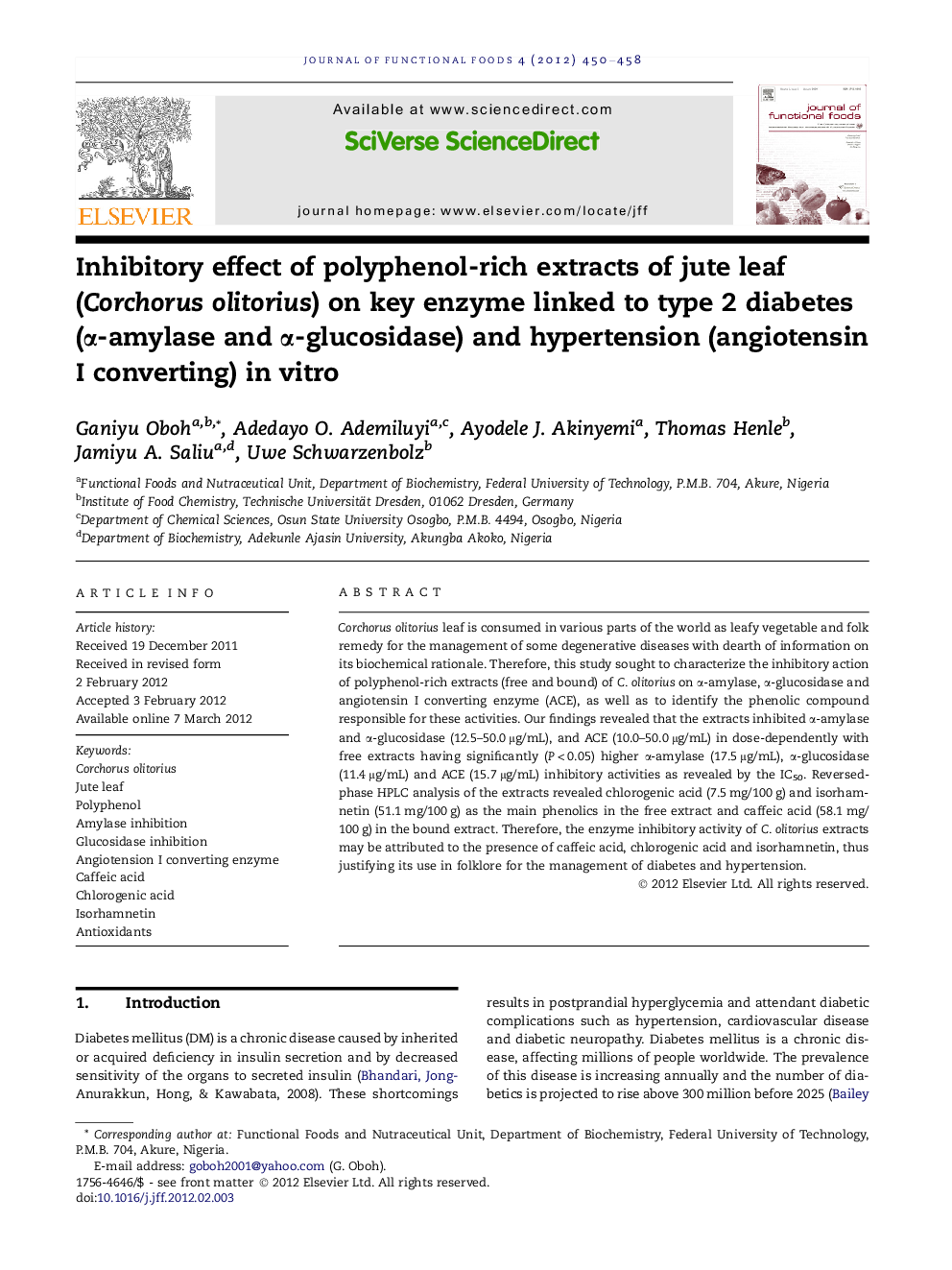 Inhibitory effect of polyphenol-rich extracts of jute leaf (Corchorus olitorius) on key enzyme linked to type 2 diabetes (α-amylase and α-glucosidase) and hypertension (angiotensin I converting) in vitro