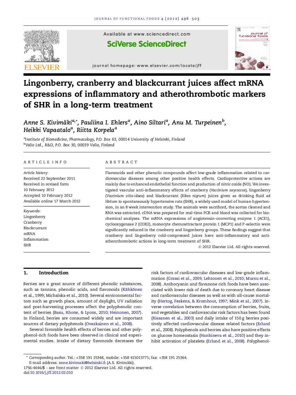 Lingonberry, cranberry and blackcurrant juices affect mRNA expressions of inflammatory and atherothrombotic markers of SHR in a long-term treatment