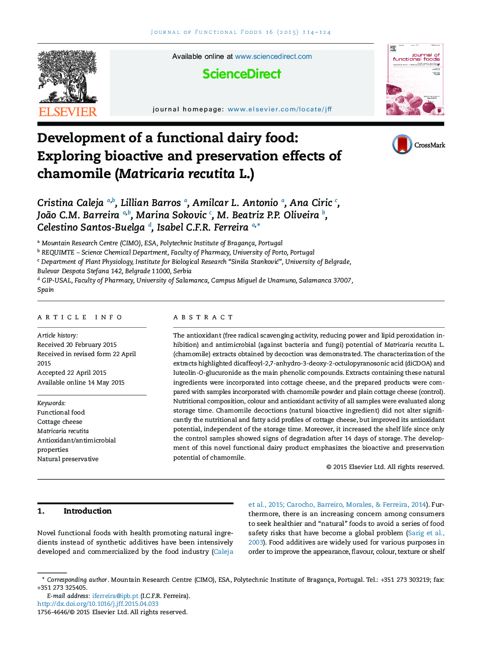 Development of a functional dairy food: Exploring bioactive and preservation effects of chamomile (Matricaria recutita L.)