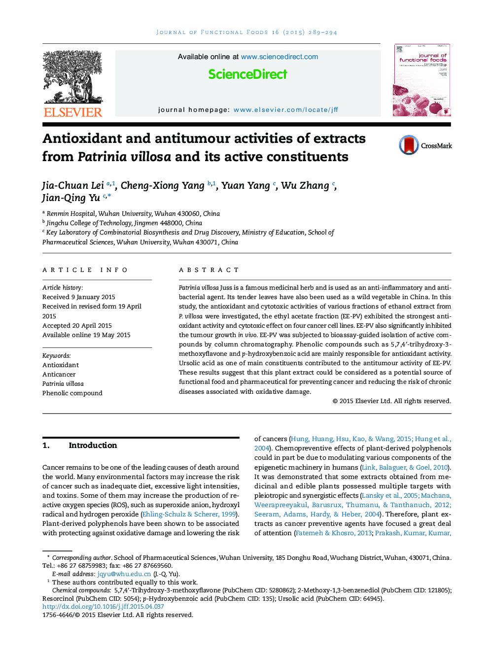 Antioxidant and antitumour activities of extracts from Patrinia villosa and its active constituents