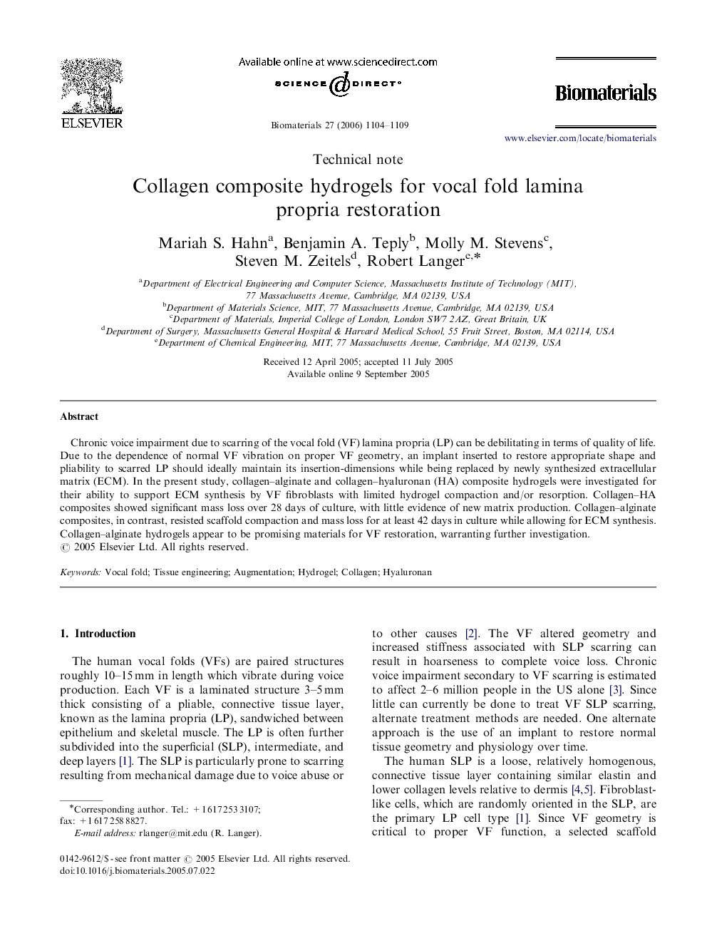 Collagen composite hydrogels for vocal fold lamina propria restoration