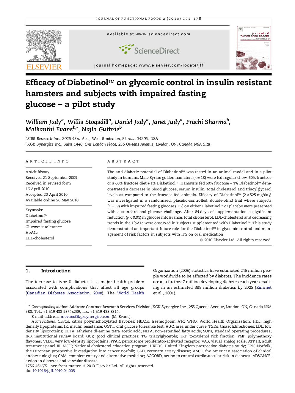 Efficacy of Diabetinol™ on glycemic control in insulin resistant hamsters and subjects with impaired fasting glucose – a pilot study