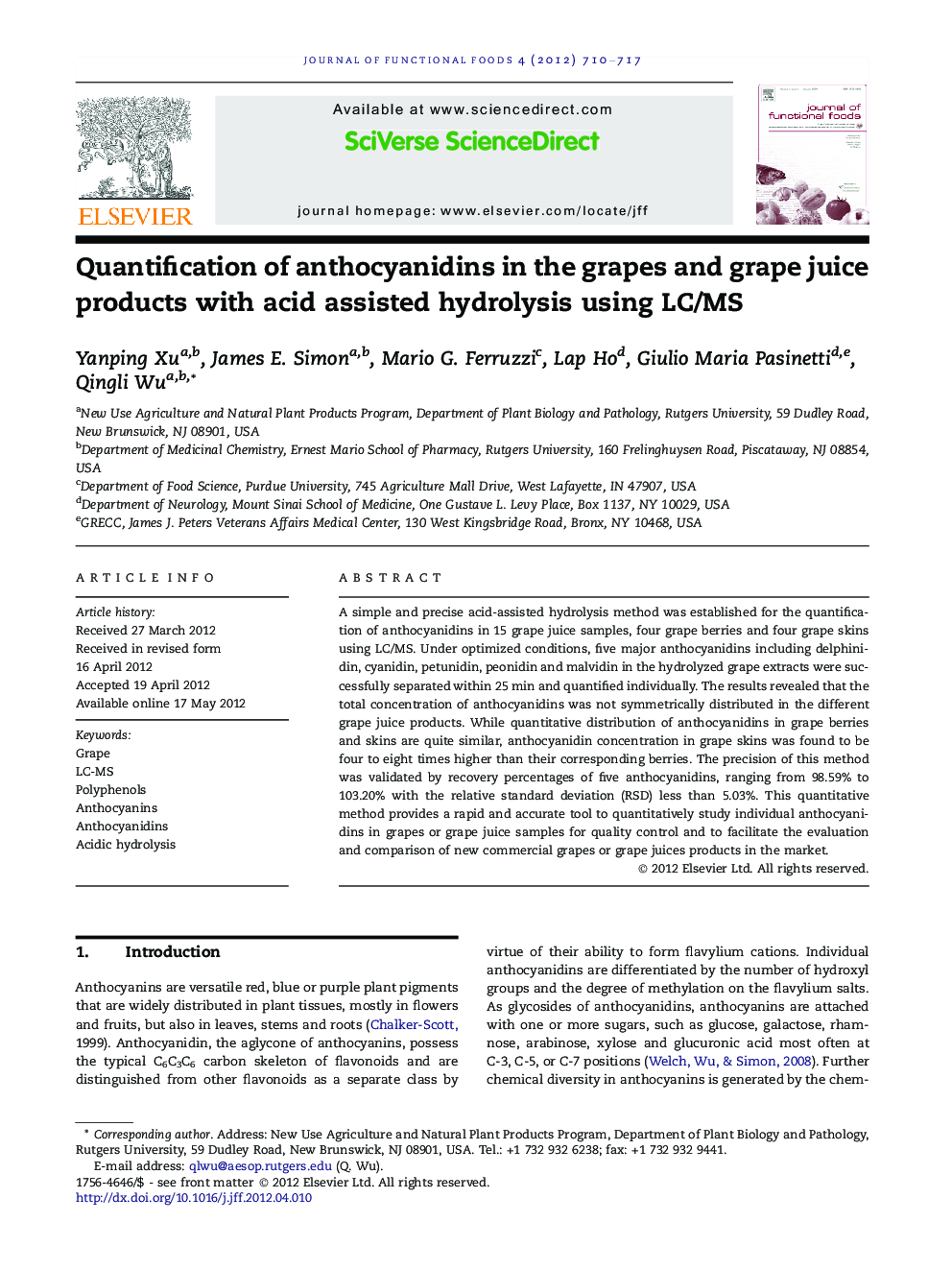 Quantification of anthocyanidins in the grapes and grape juice products with acid assisted hydrolysis using LC/MS