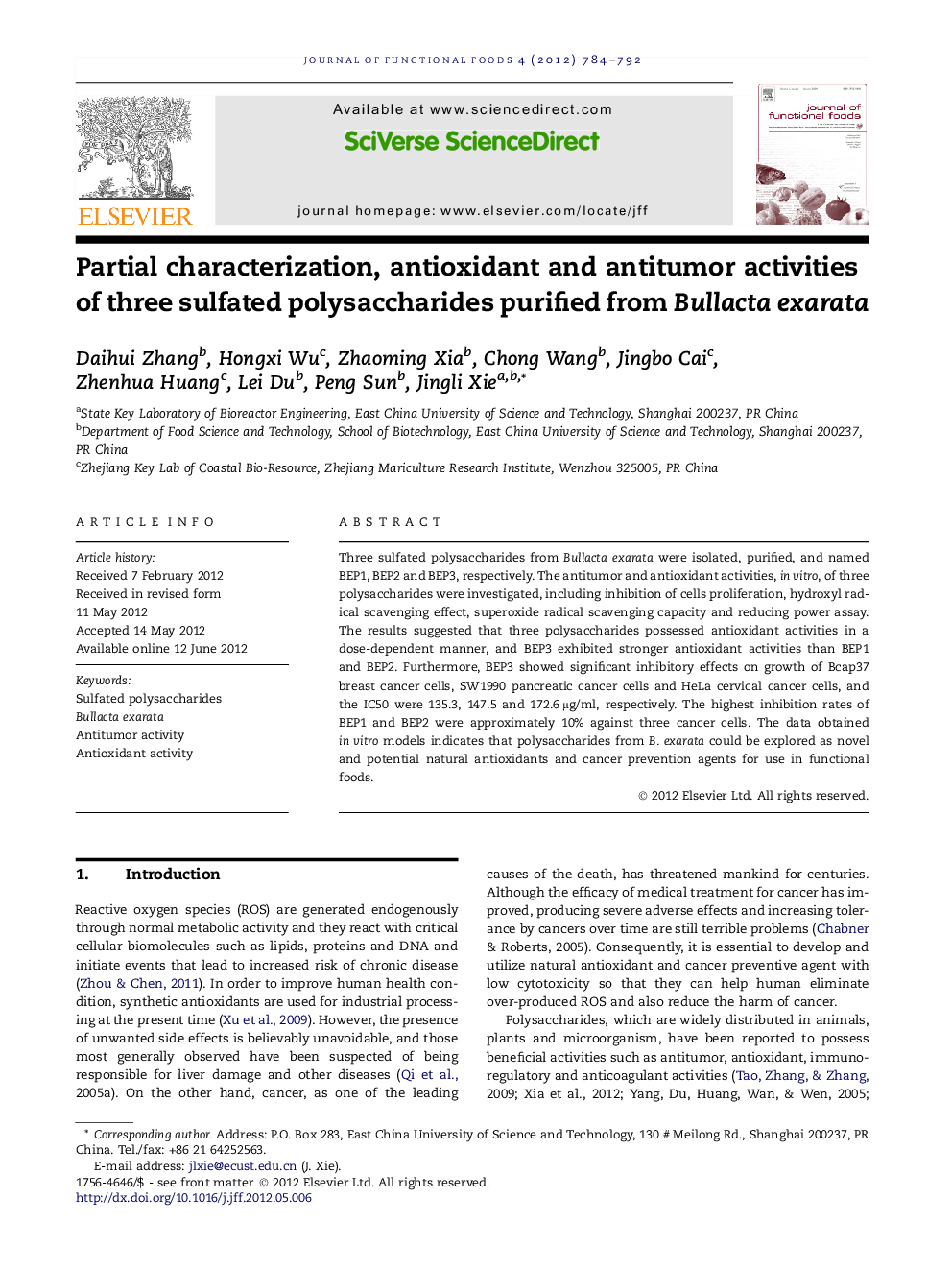 Partial characterization, antioxidant and antitumor activities of three sulfated polysaccharides purified from Bullacta exarata