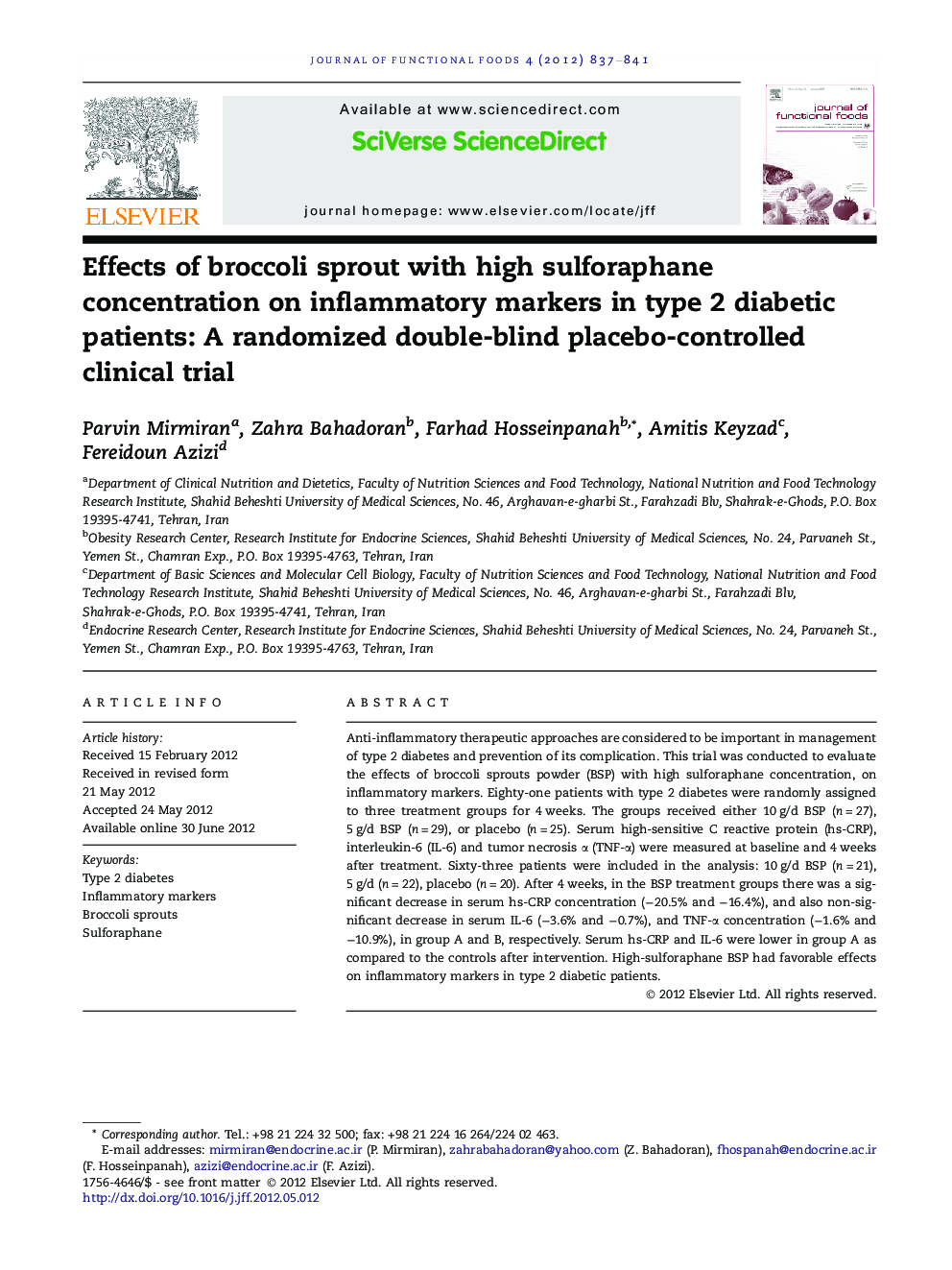 Effects of broccoli sprout with high sulforaphane concentration on inflammatory markers in type 2 diabetic patients: A randomized double-blind placebo-controlled clinical trial